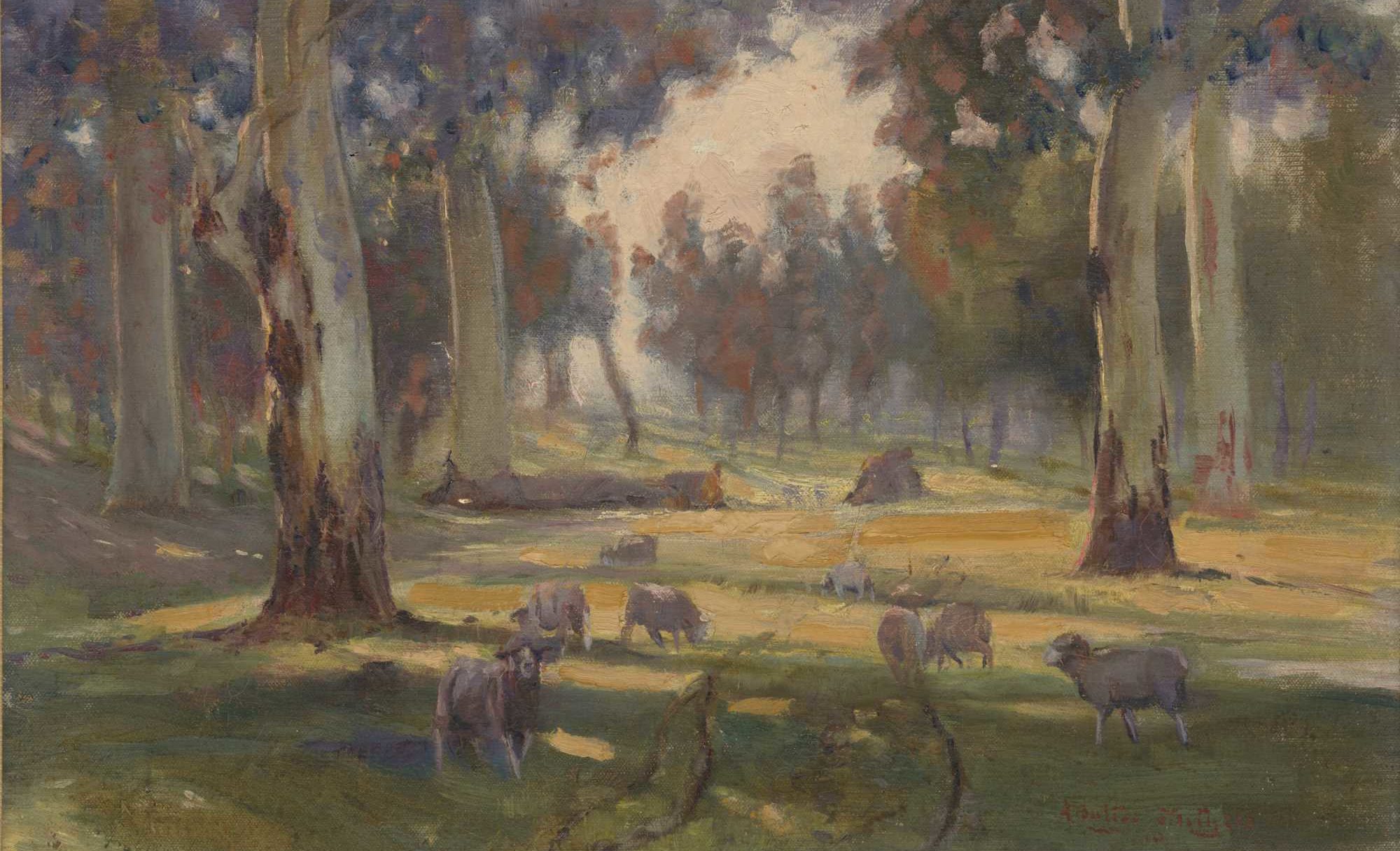 Walter WITHERS Born: Birmingham, England 1854; Arrived Australia 1882; Died: 1914 Sheep in shadows 1910 oil on canvas, 35.5 x 53.5 cm Benalla Art Gallery Collection Ledger Gift, 1980 1980.40